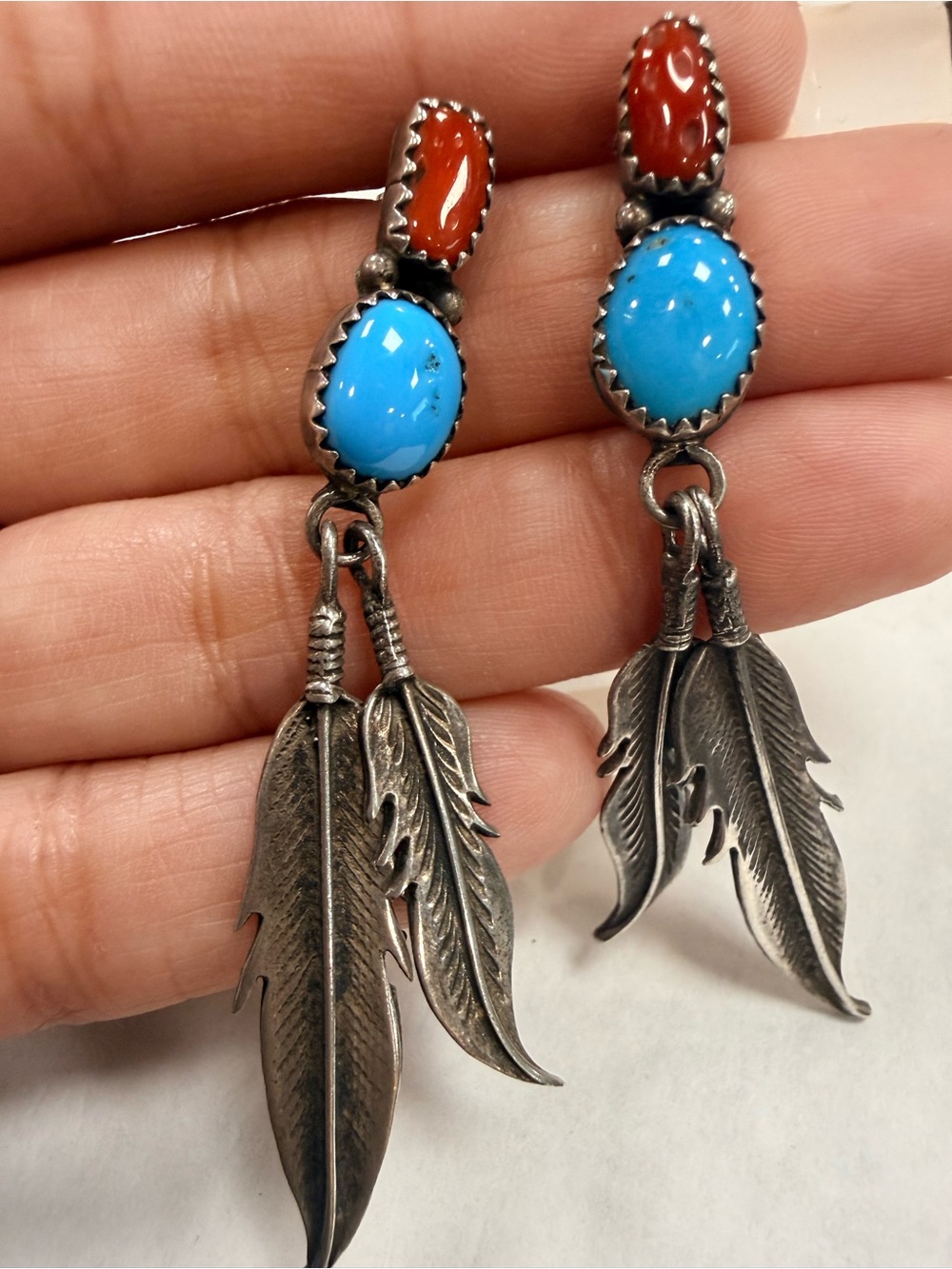 Vntg. Navajo Sterling Feather Drop Earrings with Turquoise and Coral Stones